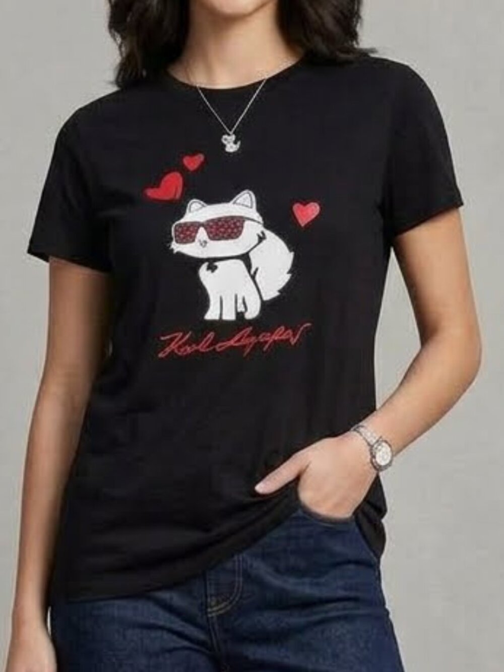 ✨Karl Lagerfeld Paris Choupette Cat Black Graphic Tee T-Shirt with Hearts, L✨